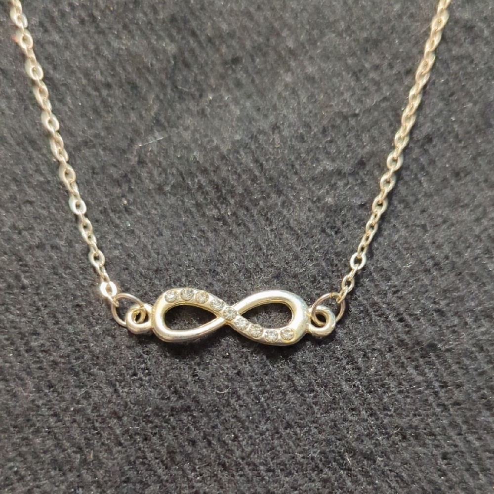 Silver Tone Clear Rhinestone Infinity Symbol Pendant Statement Necklace